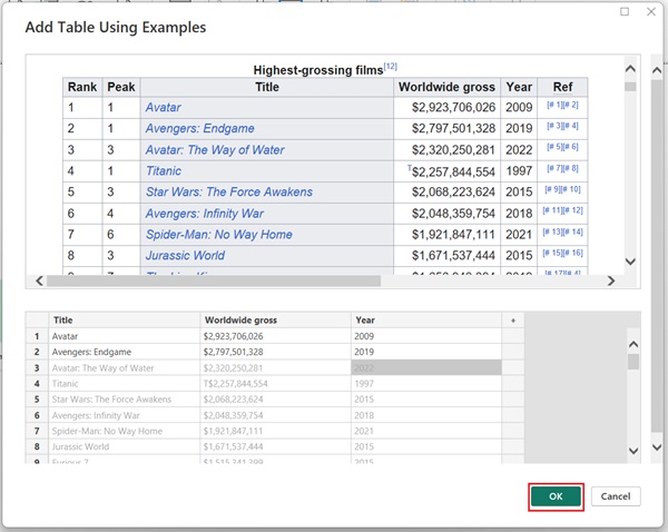 This is a screenshot of "Add Table by Example" window.
